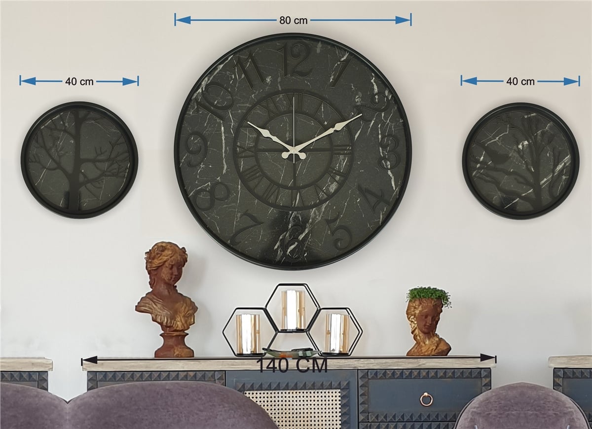 Markakanvas Metal Kasalı Mermer Desenli Duvar Saati ile Daldaki Kuş ve Hayat Ağacı Tablo