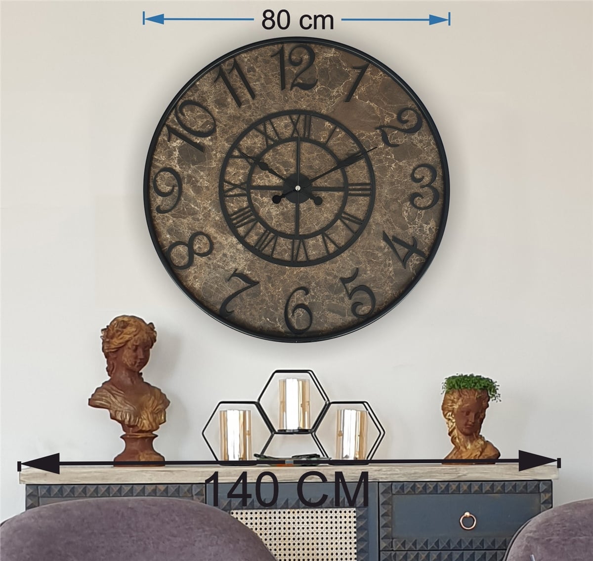 Markakanvas Metal Kasalı Mermer Desenli  Duvar Saati Çap 40 cm - Çap 50 cm - Çap 80 cm