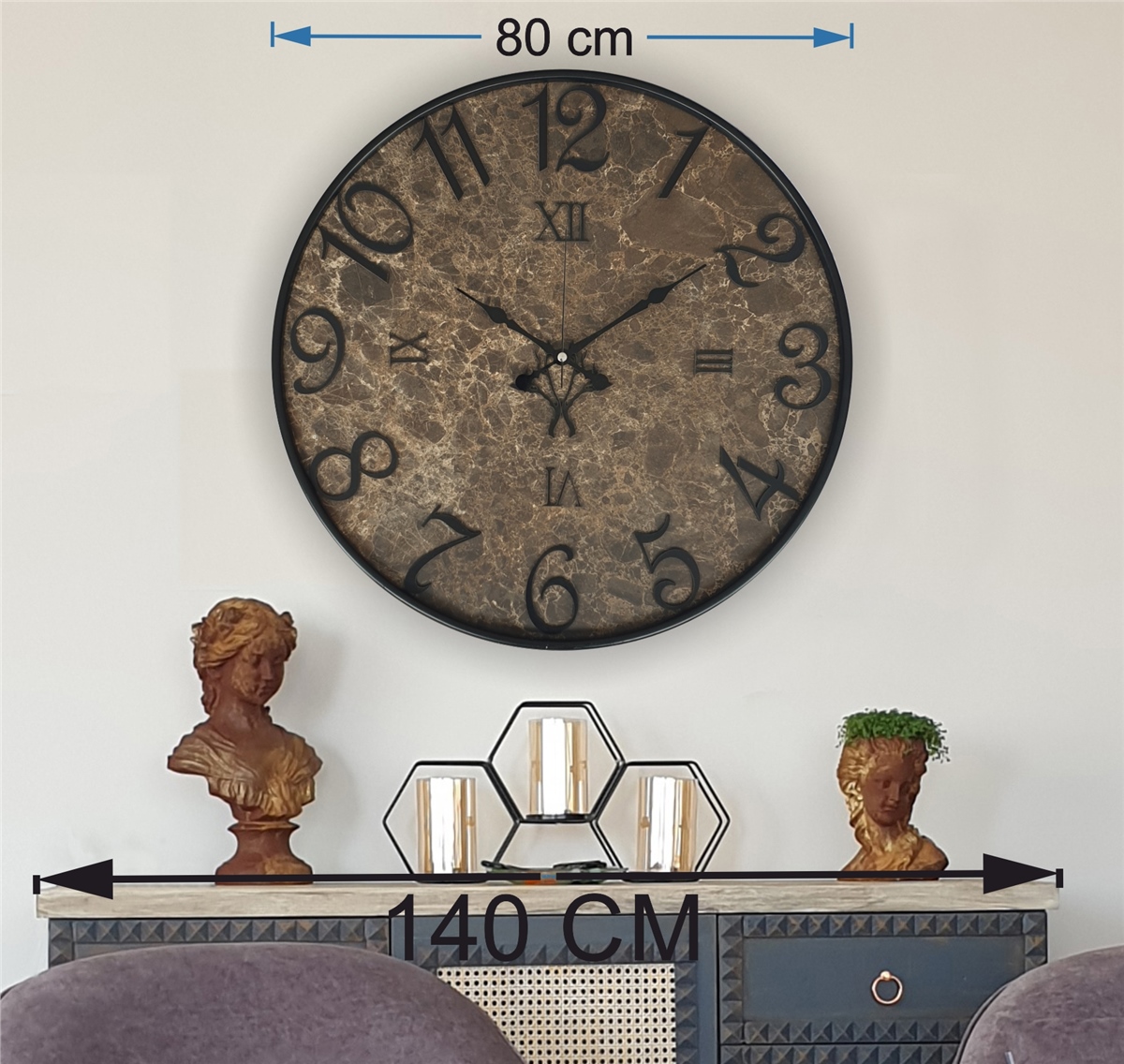 Markakanvas Metal Kasalı Mermer Desenli  Duvar Saati Çap 40 cm - Çap 50 cm - Çap 80 cm