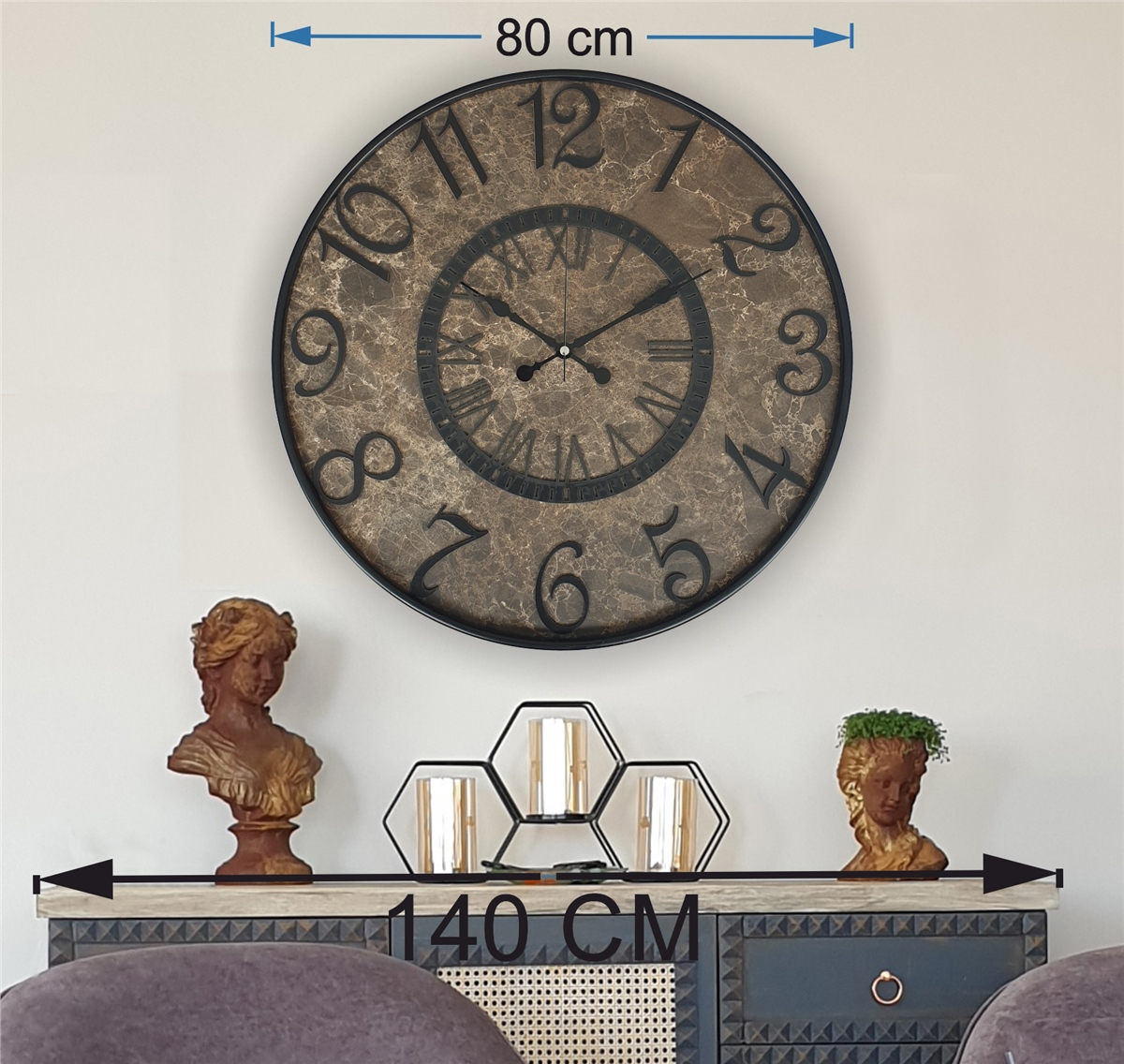 Markakanvas Metal Kasalı Mermer Desenli  Duvar Saati Çap 40 cm - Çap 50 cm - Çap 80 cm