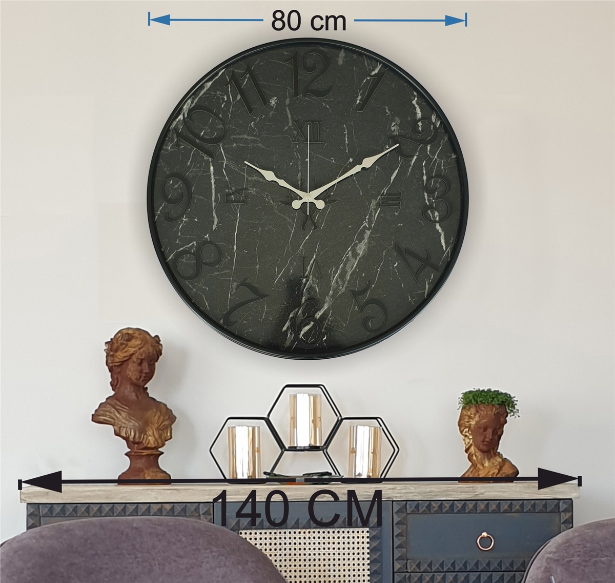Markakanvas Metal Kasalı Mermer Desenli  Duvar Saati Çap 40 cm - Çap 50 cm - Çap 80 cm