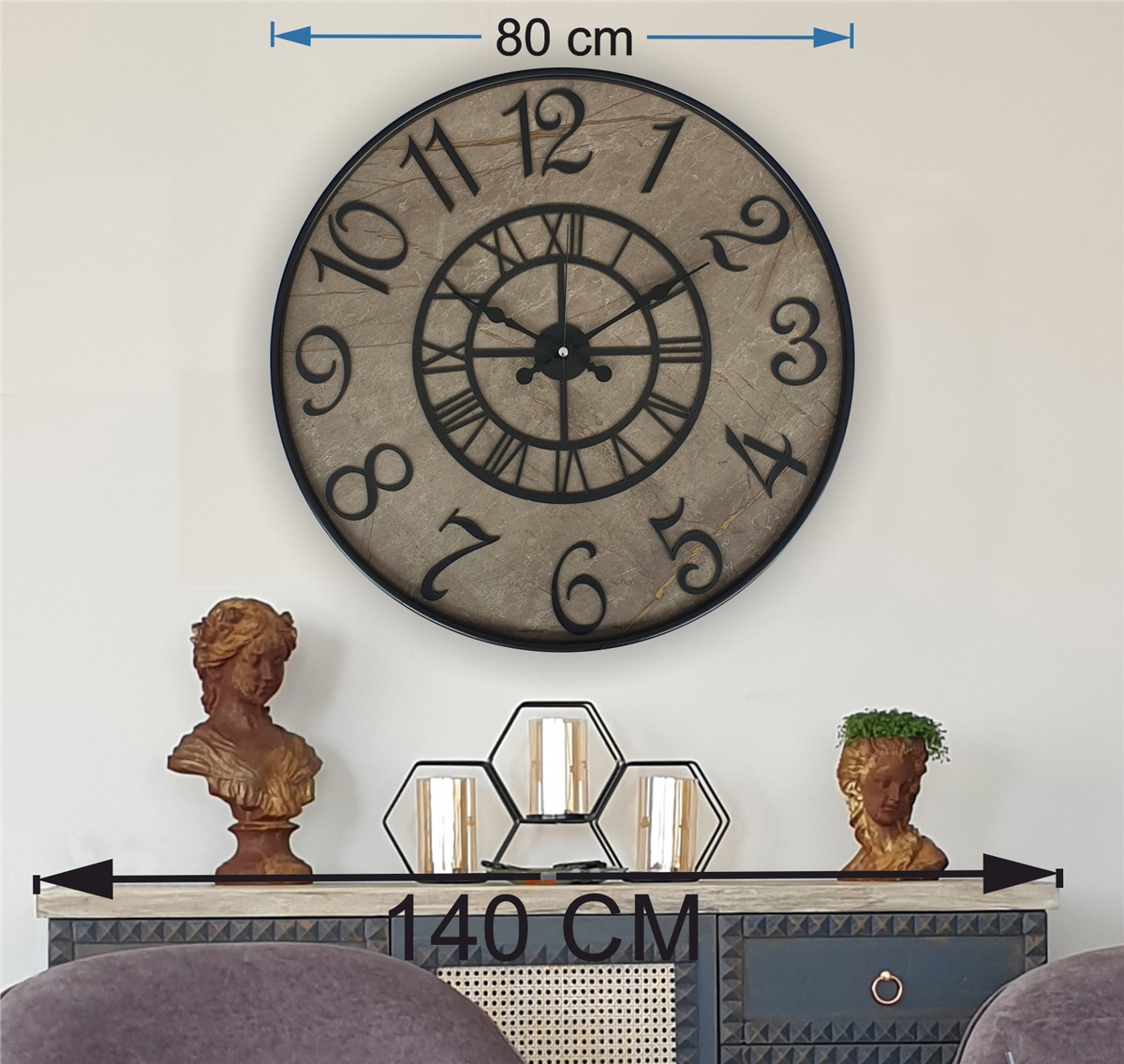 Markakanvas Metal Kasalı Mermer Desenli  Duvar Saati Çap 40 cm - Çap 50 cm - Çap 80 cm