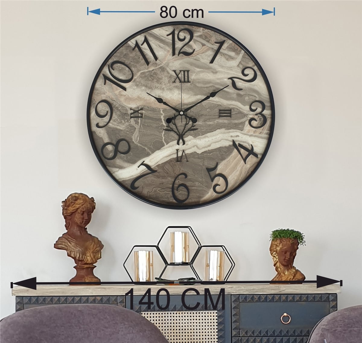 Markakanvas Metal Kasalı Mermer Desenli  Duvar Saati Çap 40 cm - Çap 50 cm - Çap 80 cm