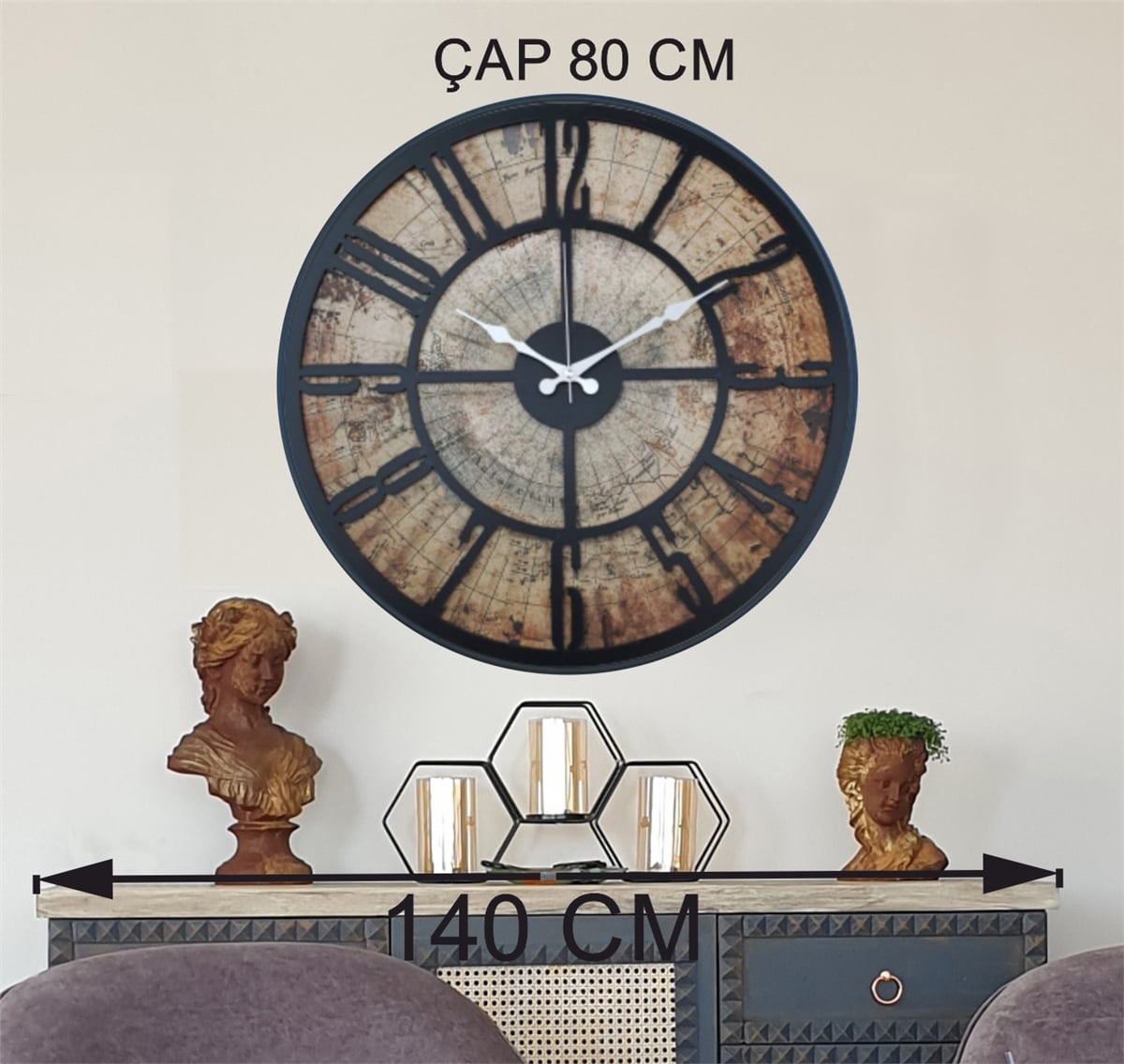 Markakanvas Siyah Metal Kasalı Eski Dünya Haritalı Duvar Saati  (Çap 50 cm - 80 cm )