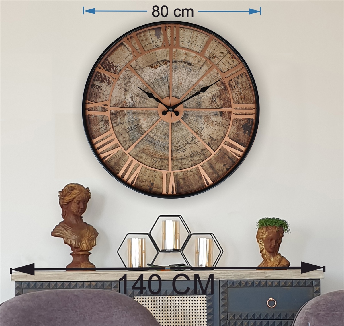 Markakanvas Siyah Metal Kasalı Eski Dünya Haritalı Duvar Saati  (Çap 50 cm - 80 cm )