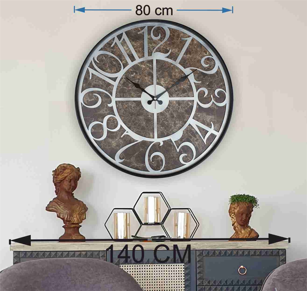 Markakanvas Siyah Metal Kasalı Mermer Desenli  Duvar Saati  ( Çap 50 cm -Çap 80 cm )