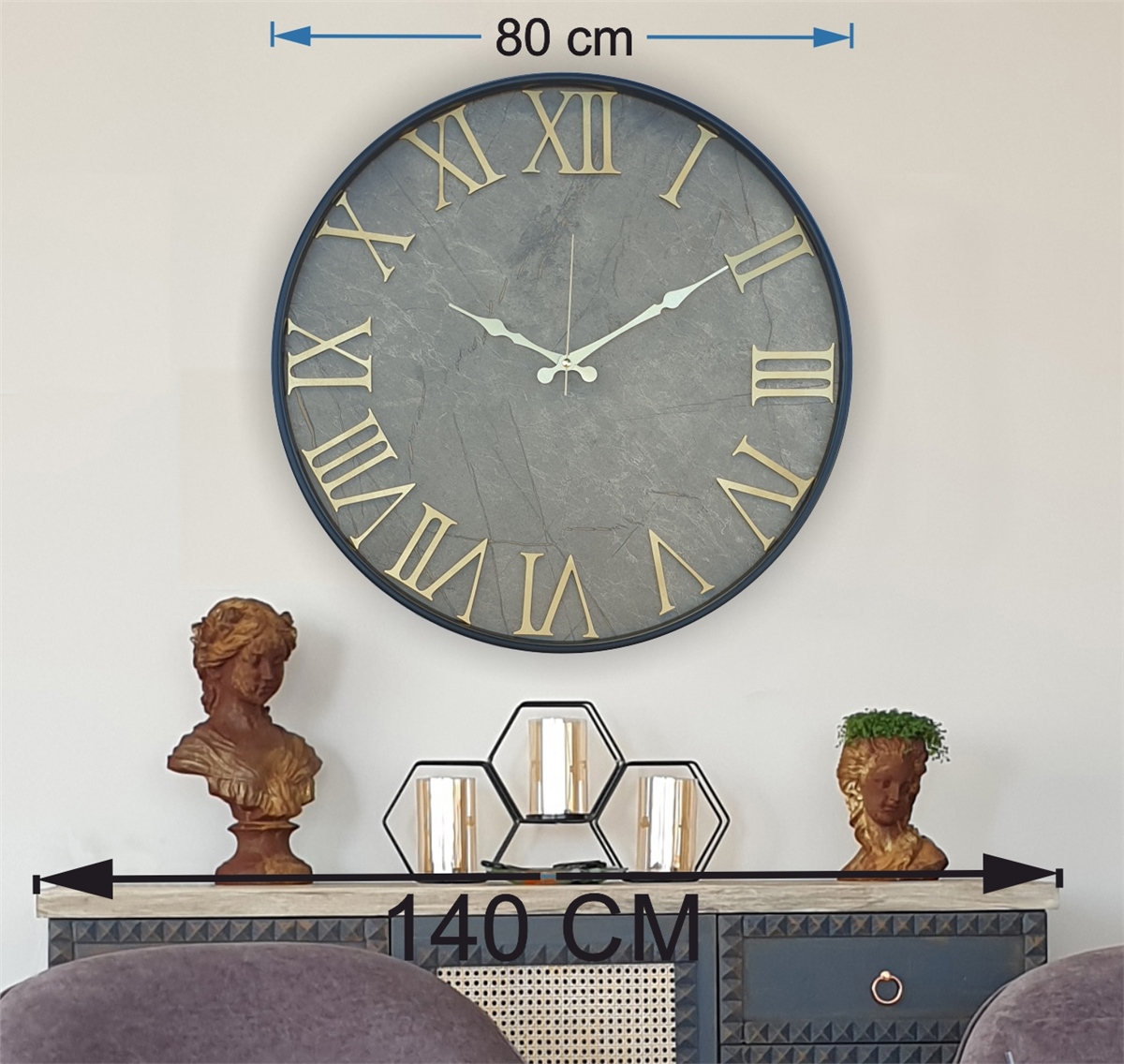 Markakanvas Siyah Metal Kasalı Mermer Desenli  Duvar Saati  ( Çap 50 cm -Çap 80 cm )