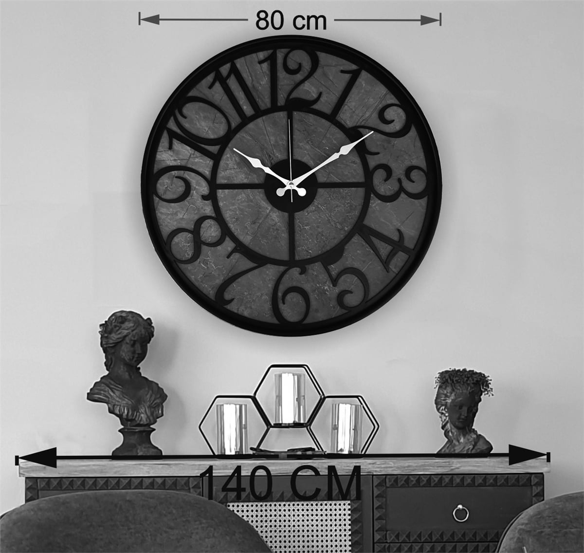 Markakanvas Siyah Metal Kasalı Mermer Desenli  Duvar Saati  ( Çap 50 cm -Çap 80 cm )