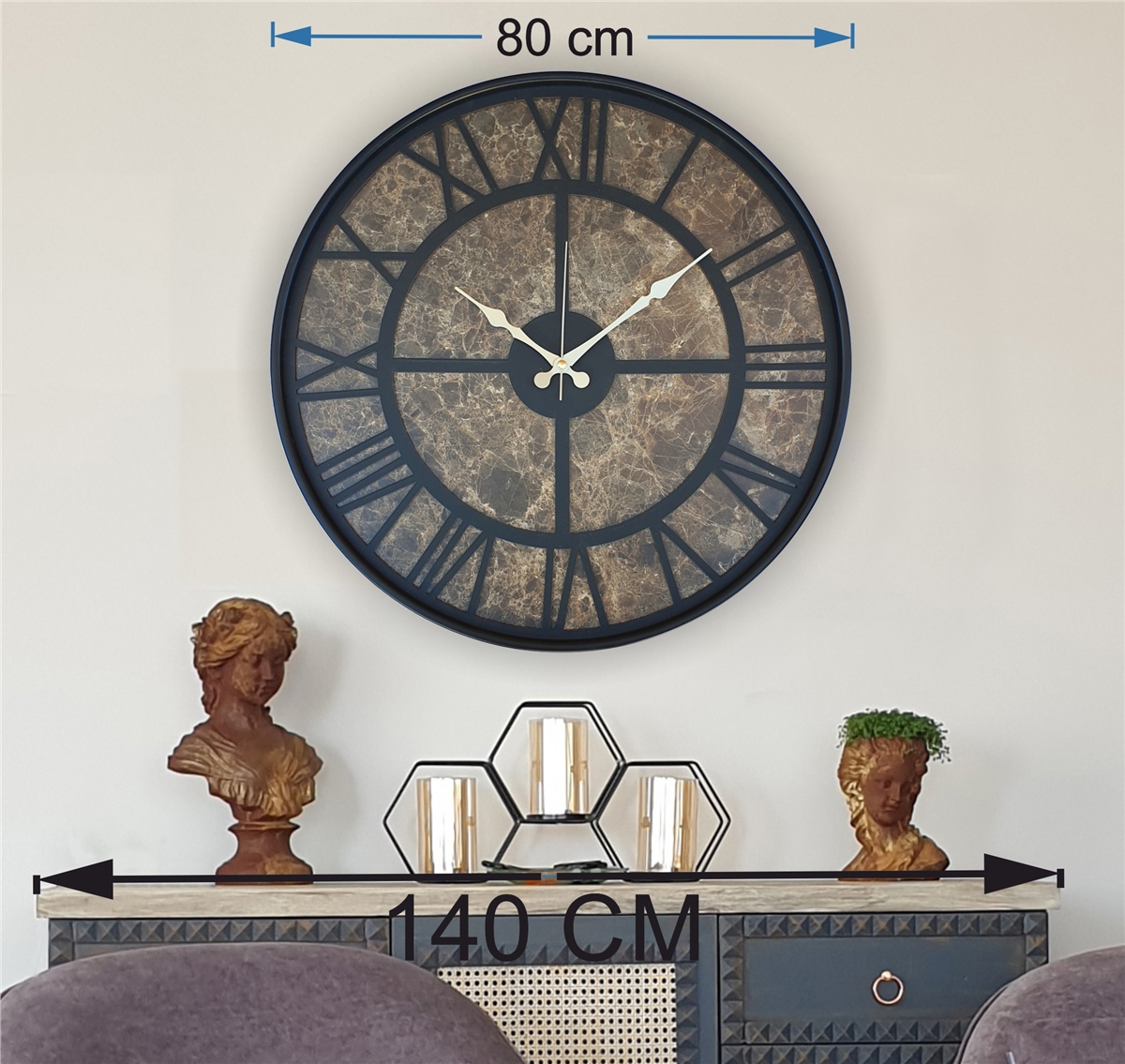 Markakanvas Siyah Metal Kasalı Mermer Desenli Duvar Saati Çap 50 - 80 cm