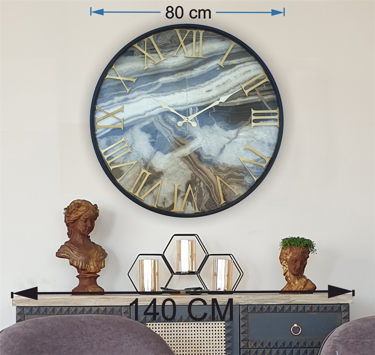 Markakanvas Siyah Metal Kasalı Mermer Desenli  Duvar Saati  ( Çap 50 cm -Çap 80 cm )