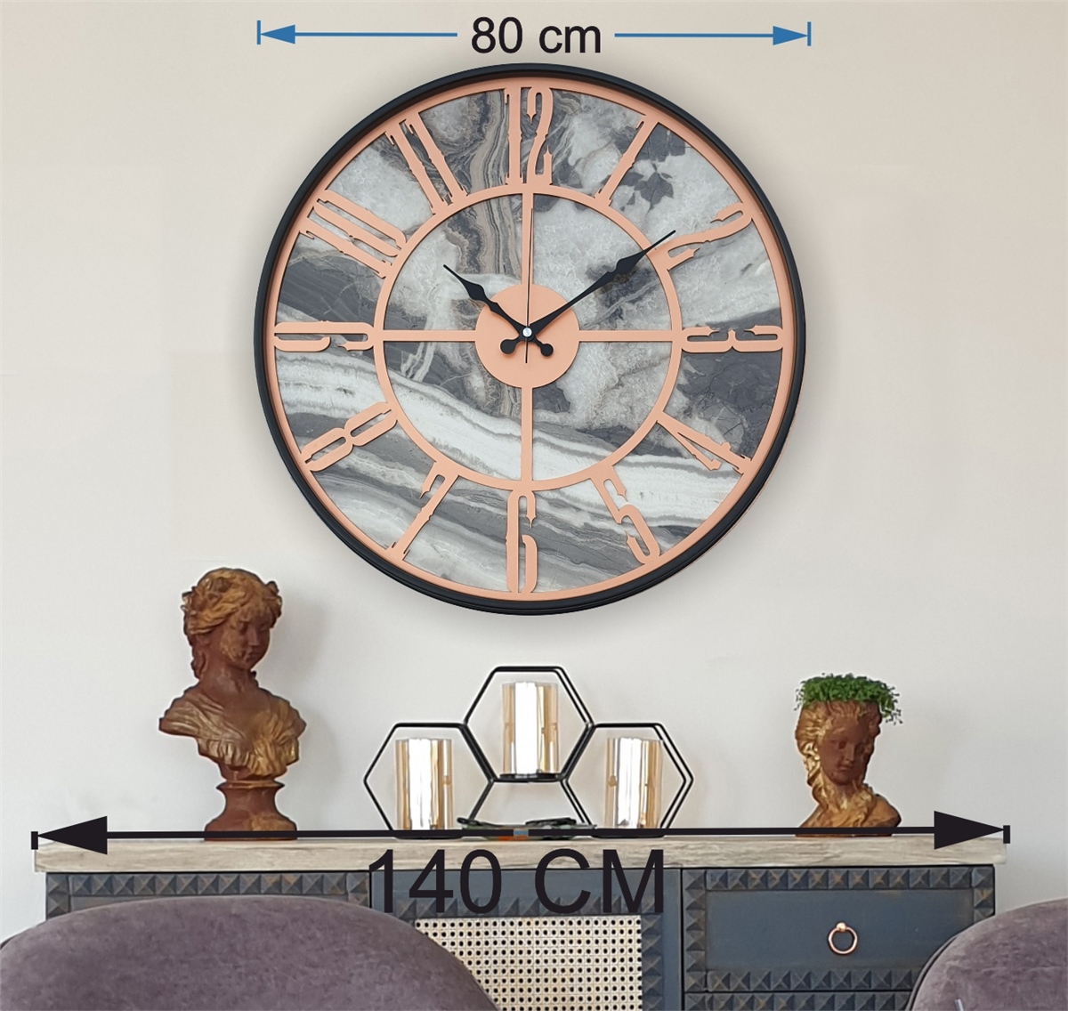 Markakanvas Siyah Metal Kasalı Mermer Desenli  Duvar Saati  ( Çap 50 cm -Çap 80 cm )