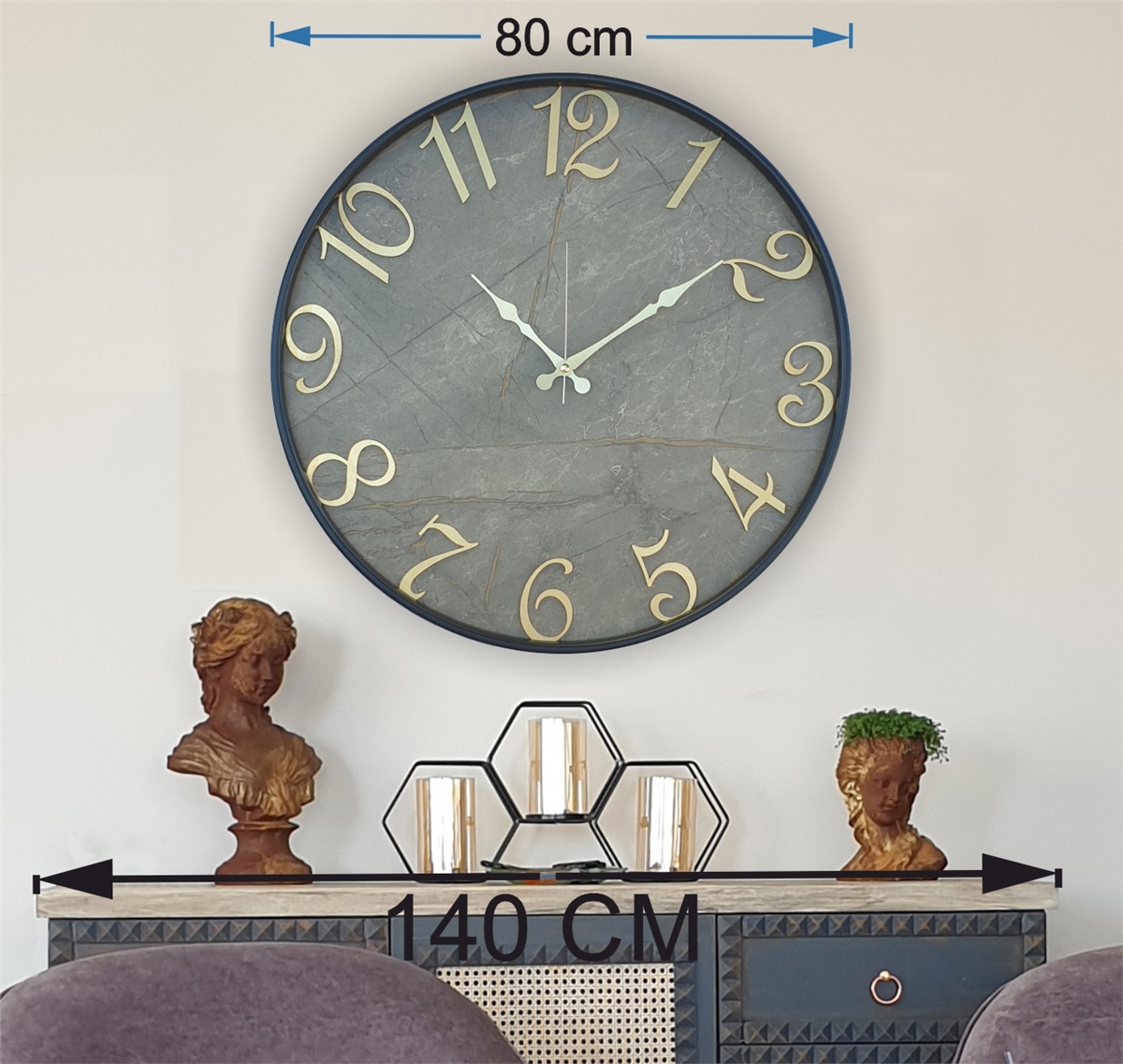 Markakanvas Siyah Metal Kasalı Mermer Desenli  Duvar Saati  ( Çap 50 cm -Çap 80 cm )