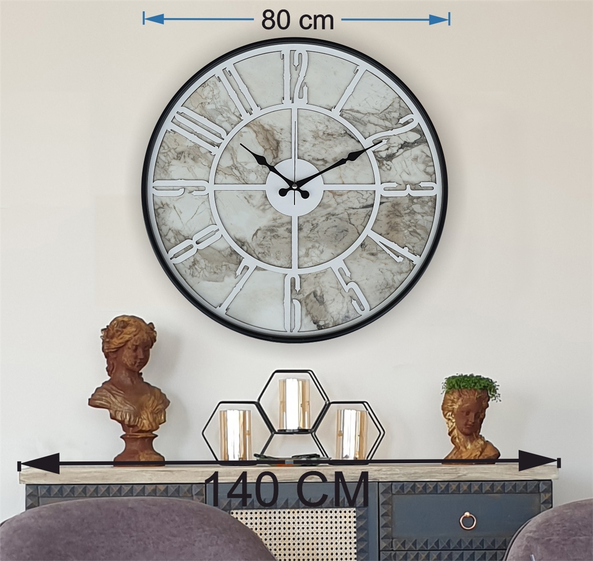 Markakanvas Siyah Metal Kasalı Mermer Desenli  Duvar Saati  ( Çap 50 cm -Çap 80 cm )