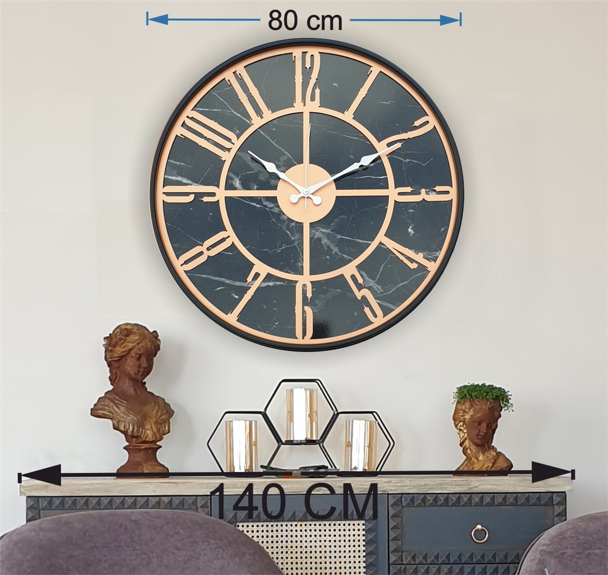 Markakanvas Siyah Metal Kasalı Mermer Desenli  Duvar Saati  ( Çap 50 cm -Çap 80 cm )