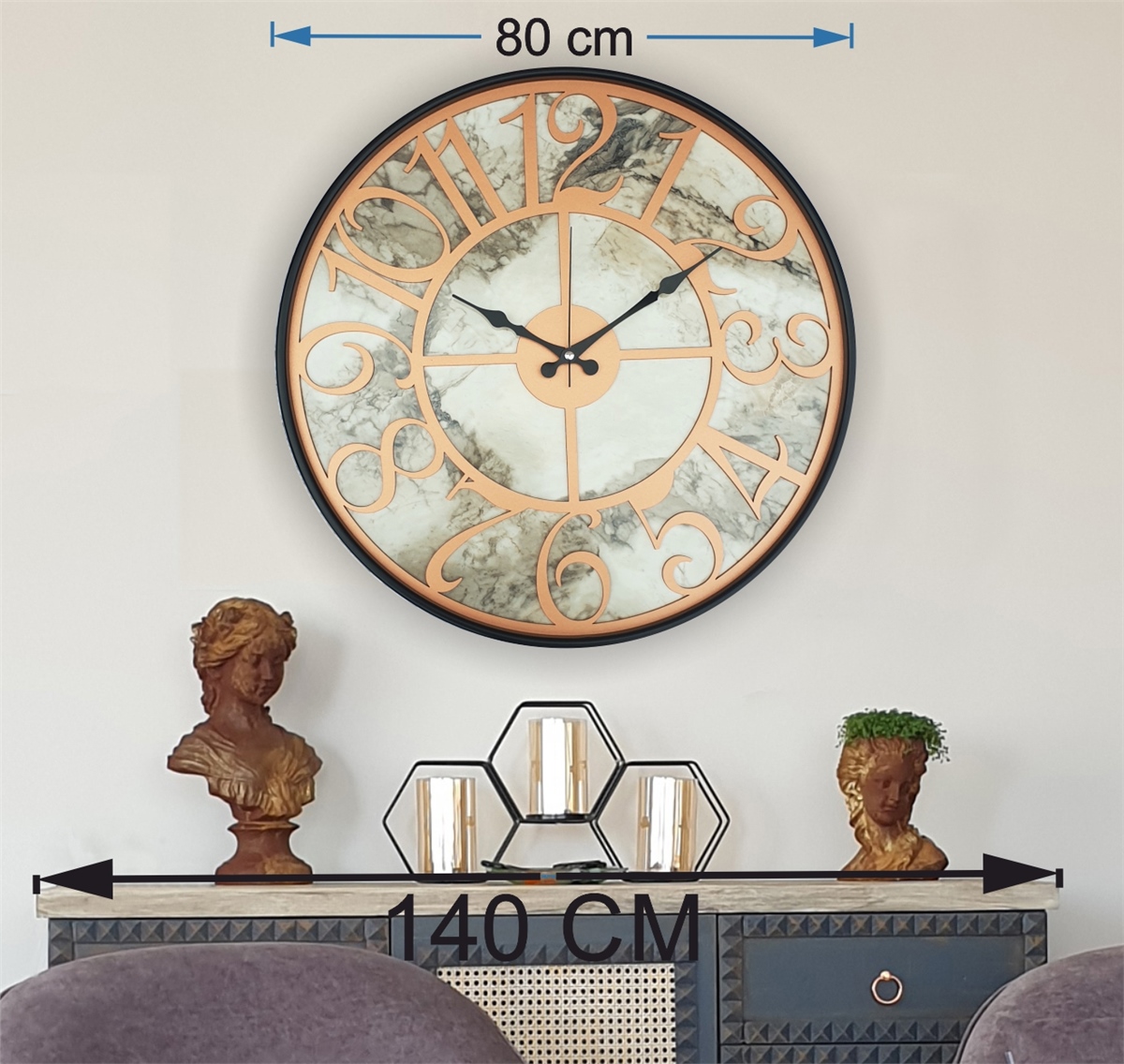 Markakanvas Siyah Metal Kasalı Mermer Desenli  Duvar Saati  ( Çap 50 cm -Çap 80 cm )