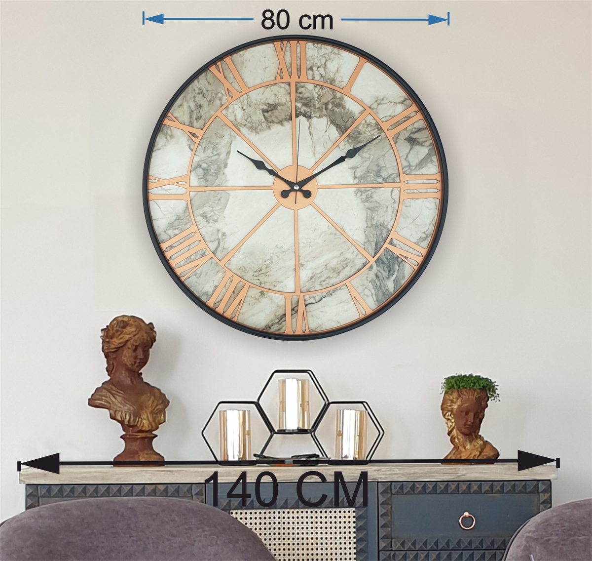 Markakanvas Siyah Metal Kasalı Mermer Desenli  Duvar Saati  ( Çap 50 cm -Çap 80 cm )