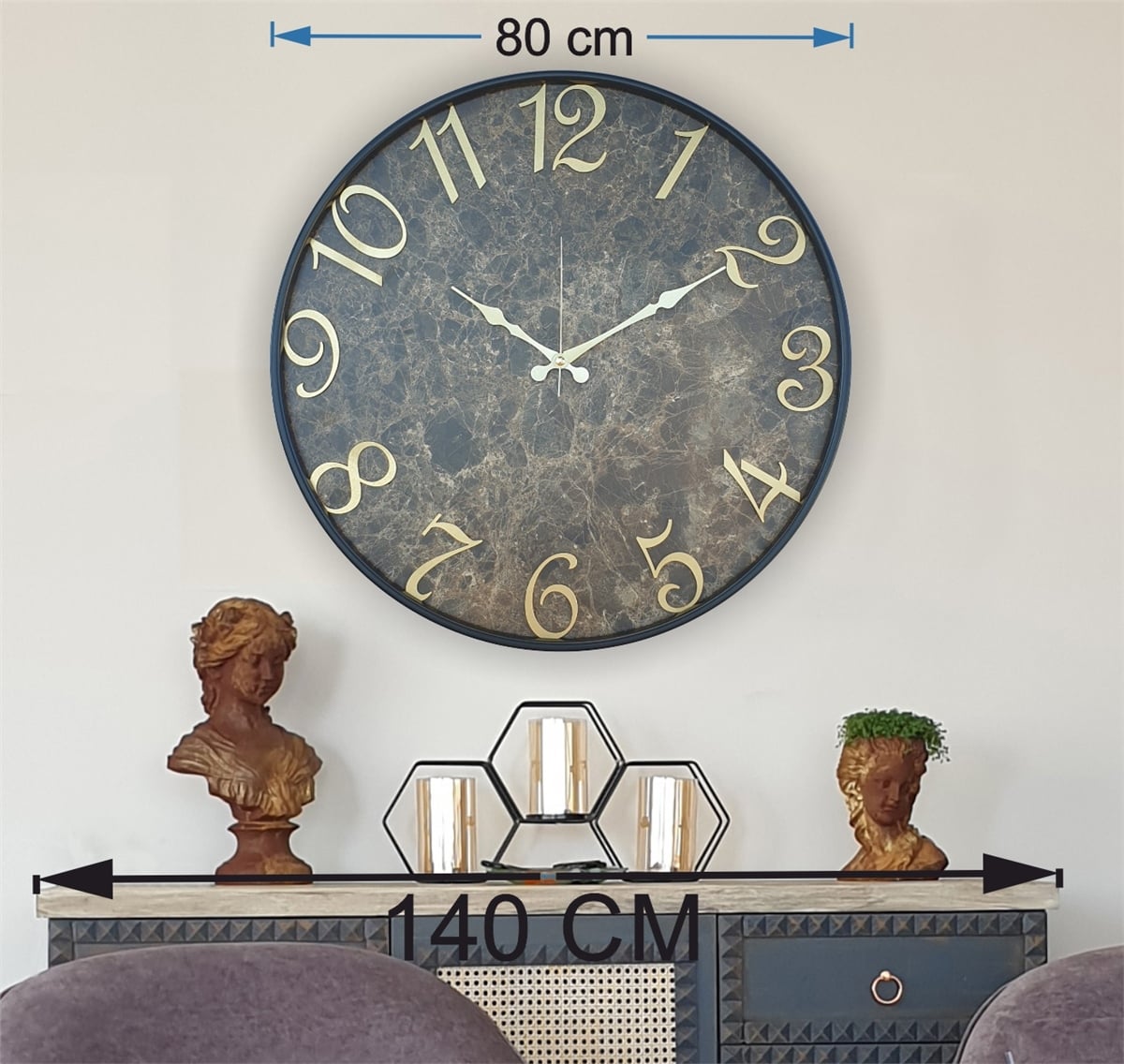Markakanvas Siyah Metal Kasalı Mermer Desenli  Duvar Saati  ( Çap 50 cm -Çap 80 cm )