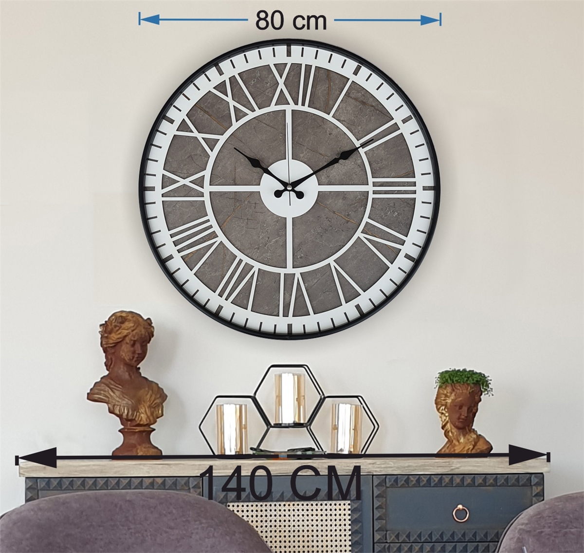 Markakanvas Siyah Metal Kasalı Mermer Desenli  Duvar Saati  ( Çap 50 cm -Çap 80 cm )