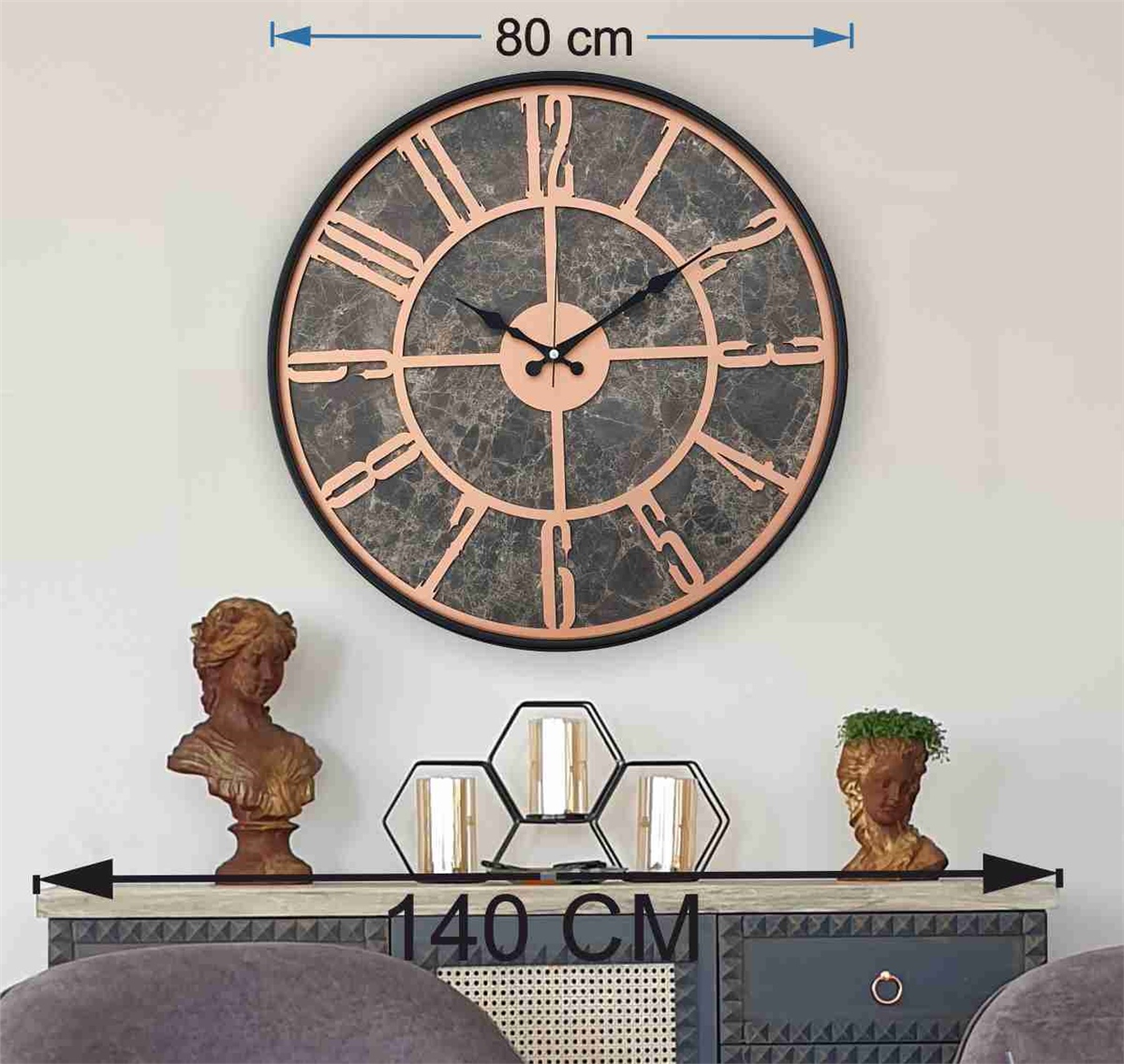 Markakanvas Siyah Metal Kasalı Mermer Desenli  Duvar Saati  ( Çap 50 cm -Çap 80 cm )