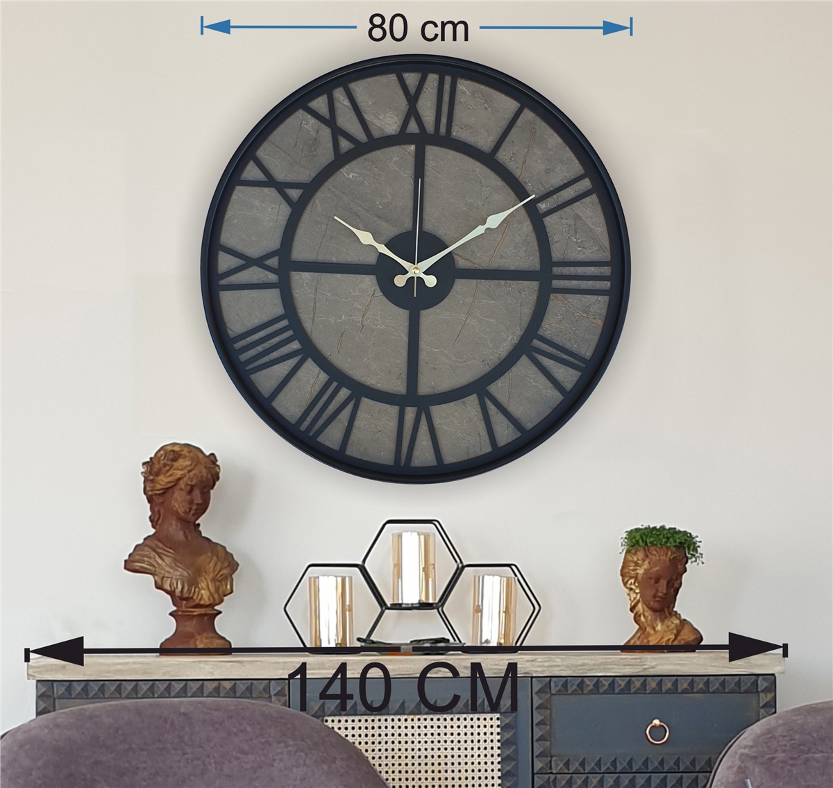 Markakanvas Siyah Metal Kasalı Mermer Desenli Duvar Saati Çap 50 - 80 cm
