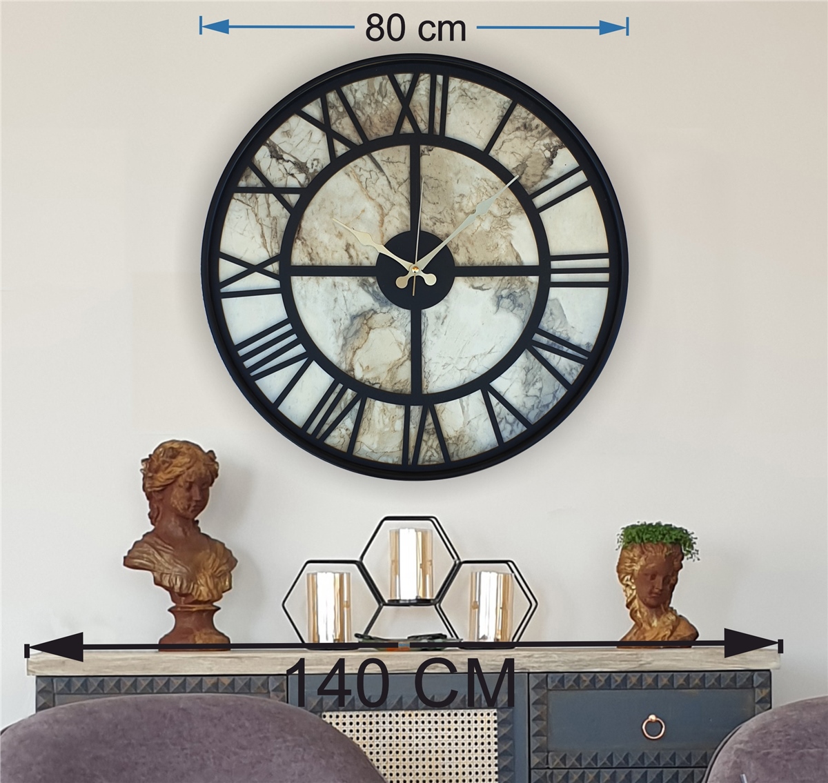 Markakanvas Siyah Metal Kasalı Mermer Desenli Duvar Saati Çap 50 - 80 cm