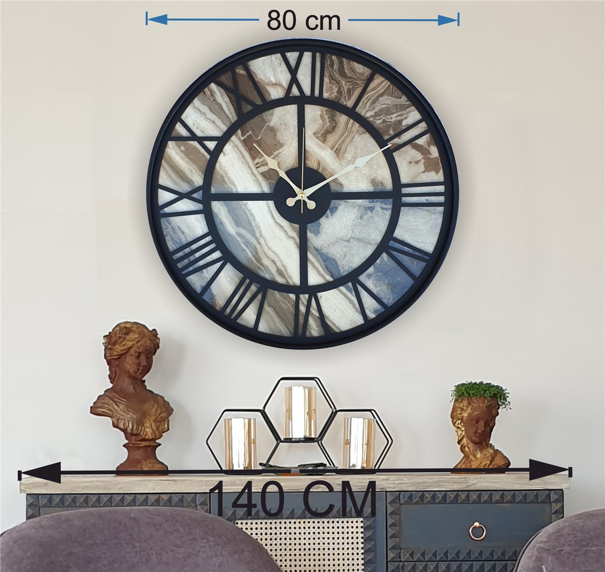 Markakanvas Siyah Metal Kasalı Mermer Desenli Duvar Saati Çap 50 - 80 cm