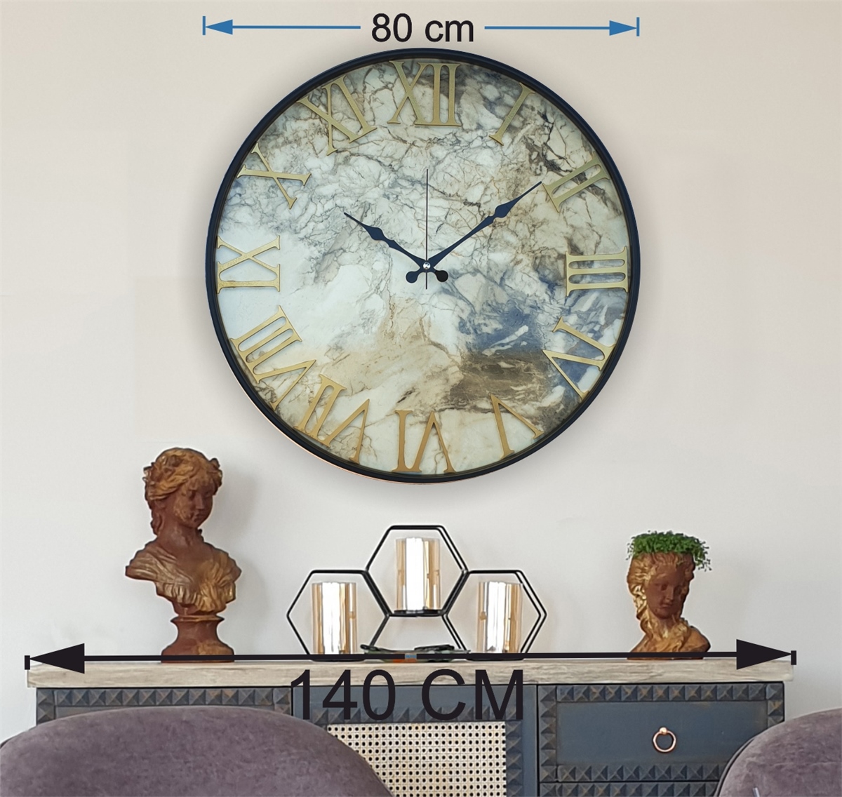 Markakanvas Siyah Metal Kasalı Mermer Desenli  Duvar Saati  ( Çap 50 cm -Çap 80 cm )
