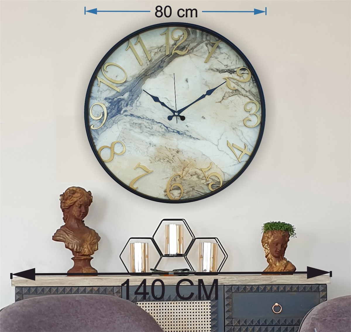 Markakanvas Siyah Metal Kasalı Mermer Desenli  Duvar Saati  ( Çap 50 cm -Çap 80 cm )