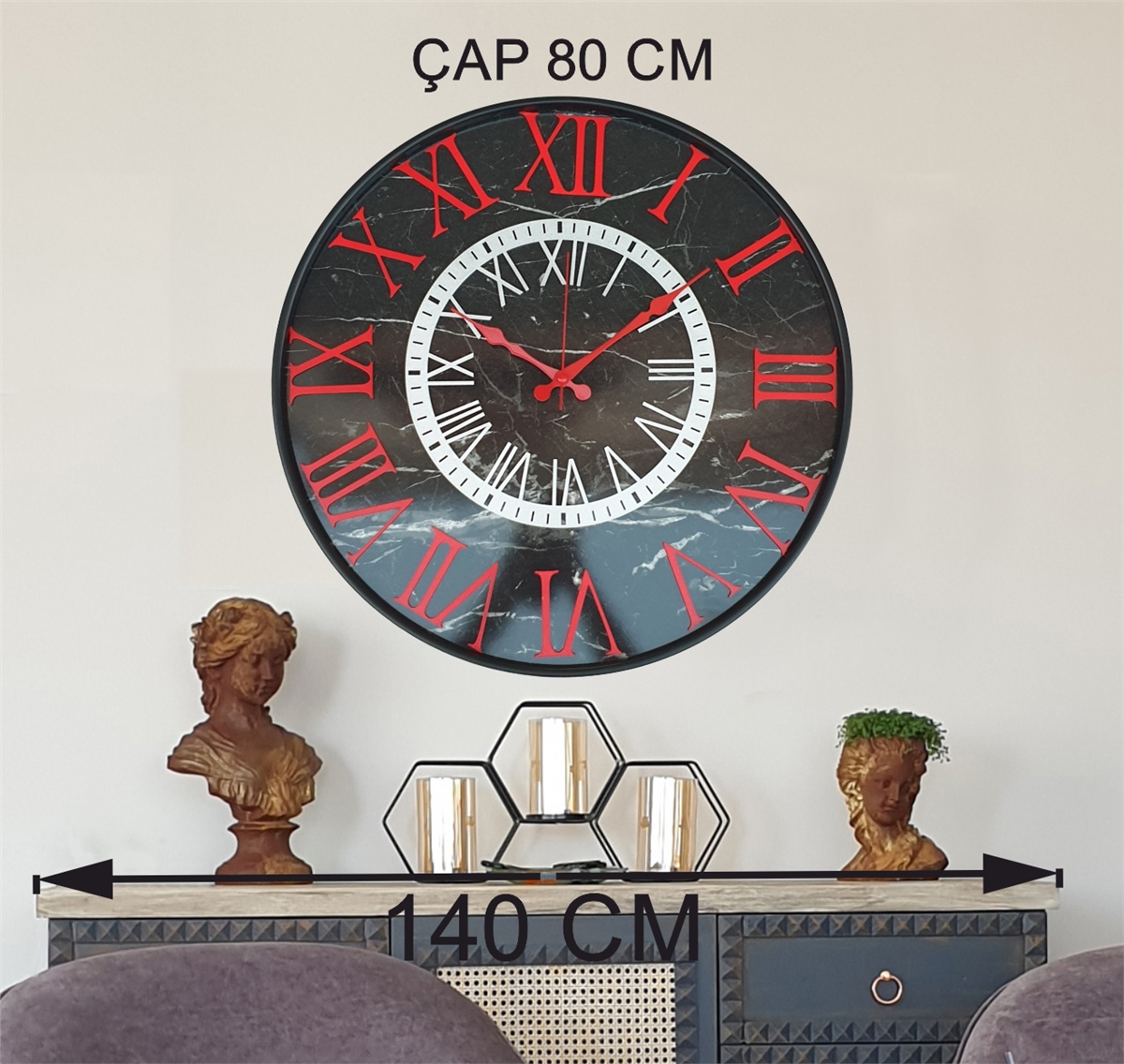 Markakanvas Siyah Metal Kasalı Mermer Desenli  Duvar Saati   ( Çap  50 cm - 80cm )