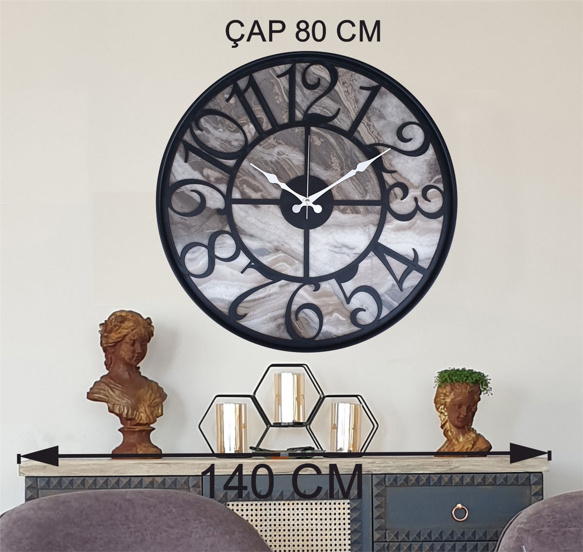 Markakanvas Siyah Metal Kasalı Mermer Desenli  Duvar Saati  ( Çap 50 cm -Çap 80 cm )