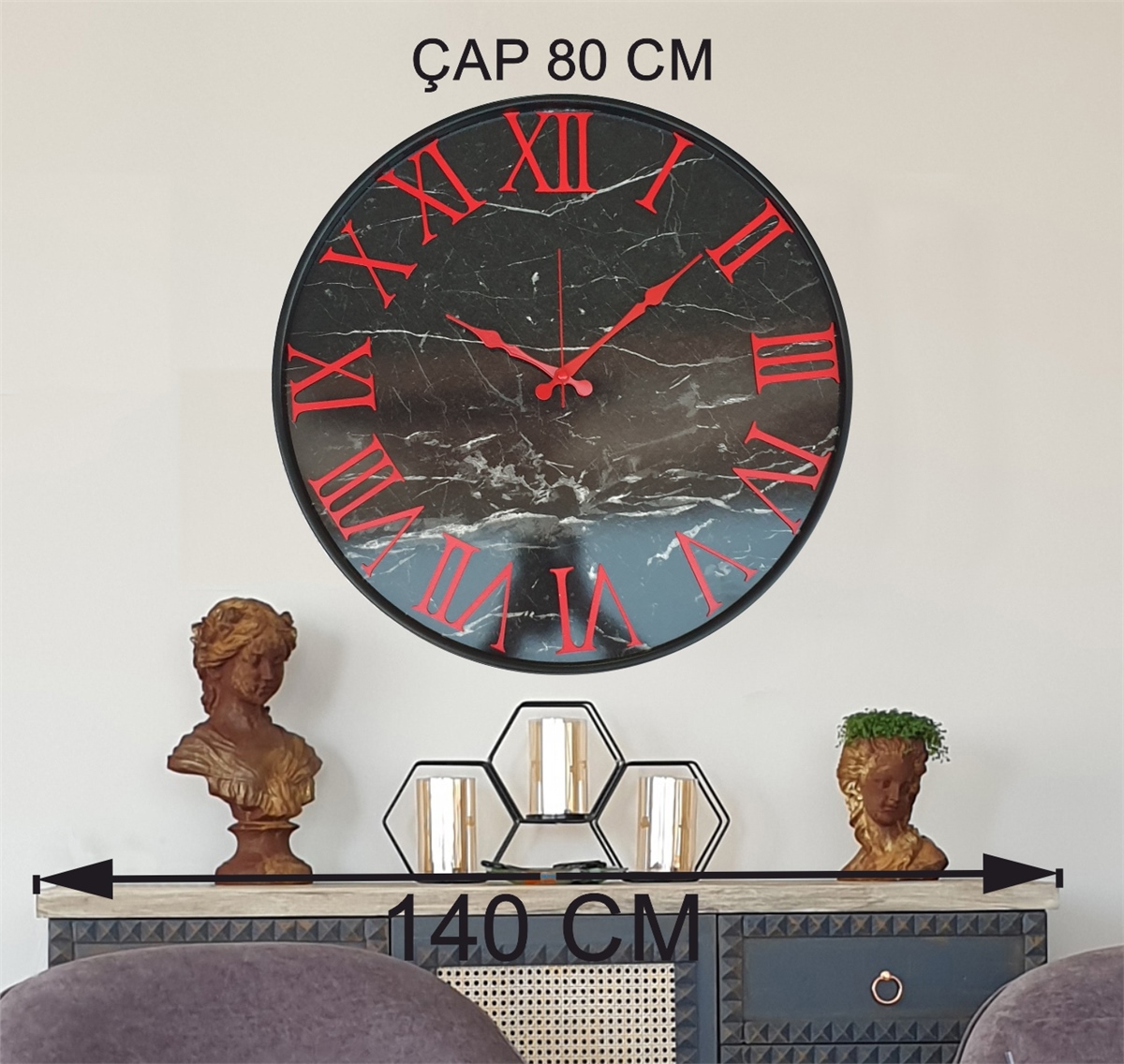 Markakanvas Siyah Metal Kasalı Mermer Desenli  Duvar Saati   ( Çap  50 cm - 80cm )
