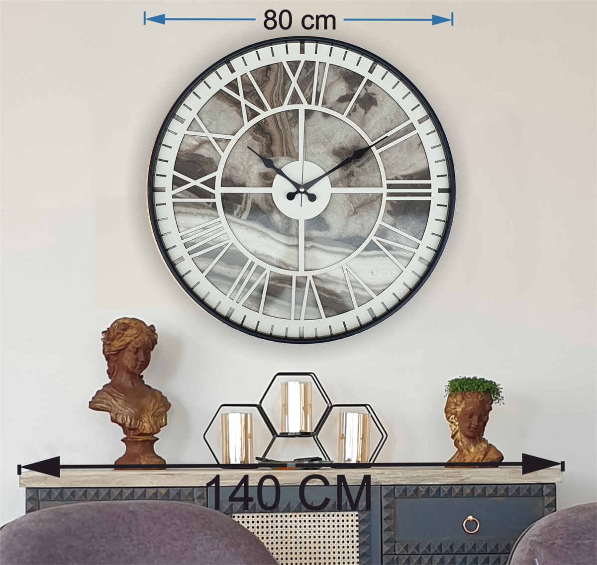 Markakanvas Siyah Metal Kasalı Mermer Desenli  Duvar Saati  ( Çap 50 cm -Çap 80 cm )