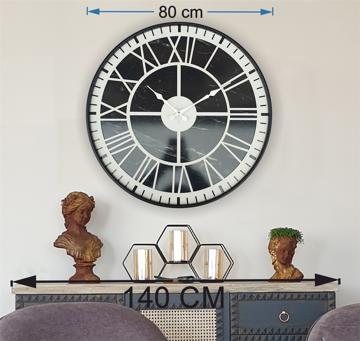 Markakanvas Siyah Metal Kasalı Mermer Desenli  Duvar Saati  ( Çap 50 cm -Çap 80 cm )