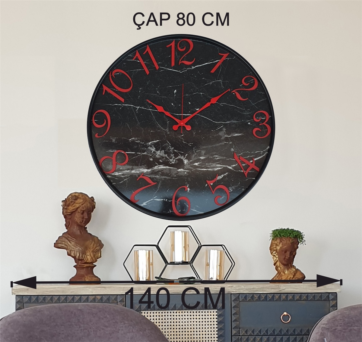 Markakanvas Siyah Metal Kasalı Mermer Desenli  Duvar Saati   ( Çap  50 cm - 80cm )