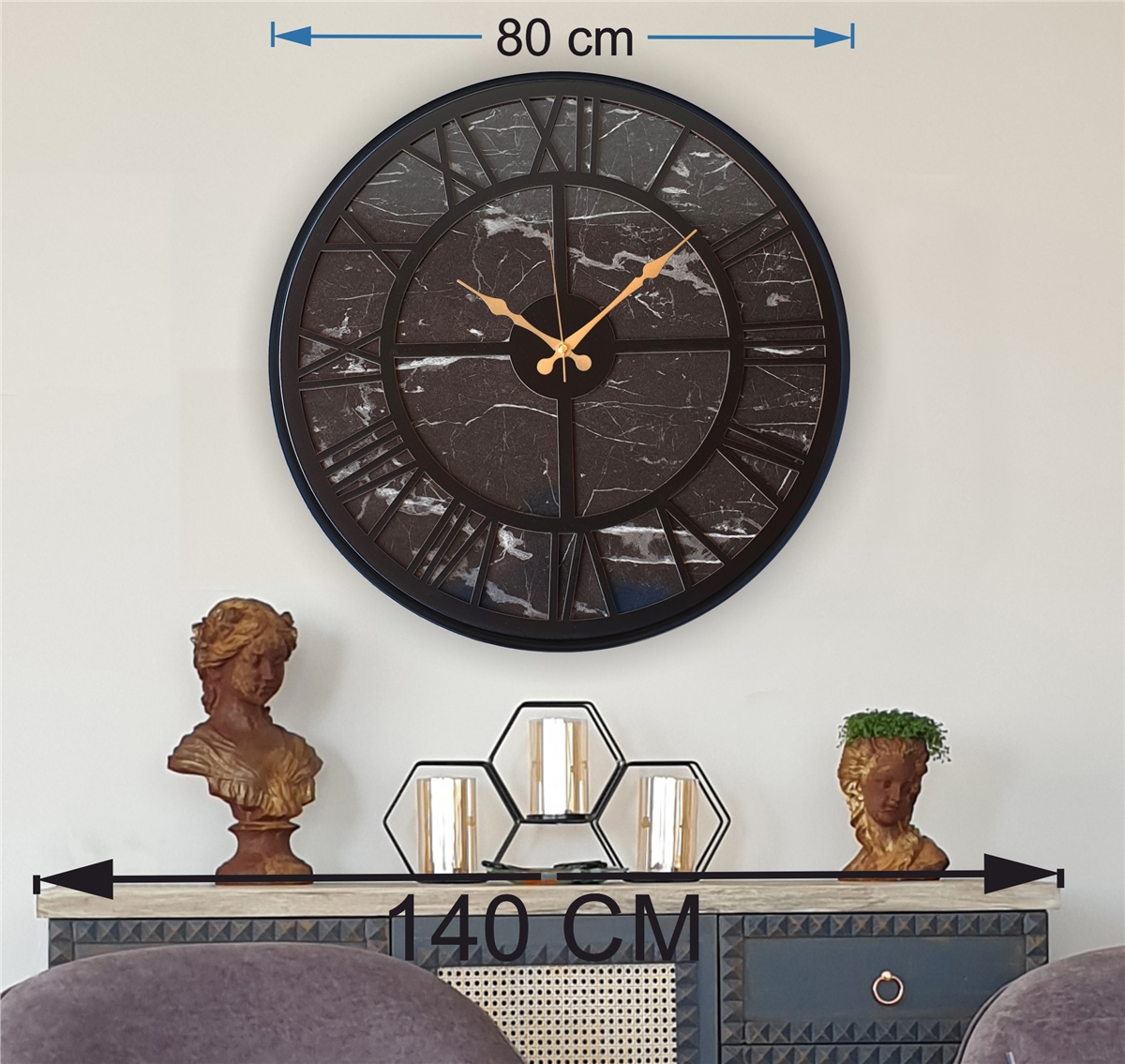 Markakanvas Siyah Metal Kasalı Mermer Desenli Duvar Saati Çap 50 - 80 cm
