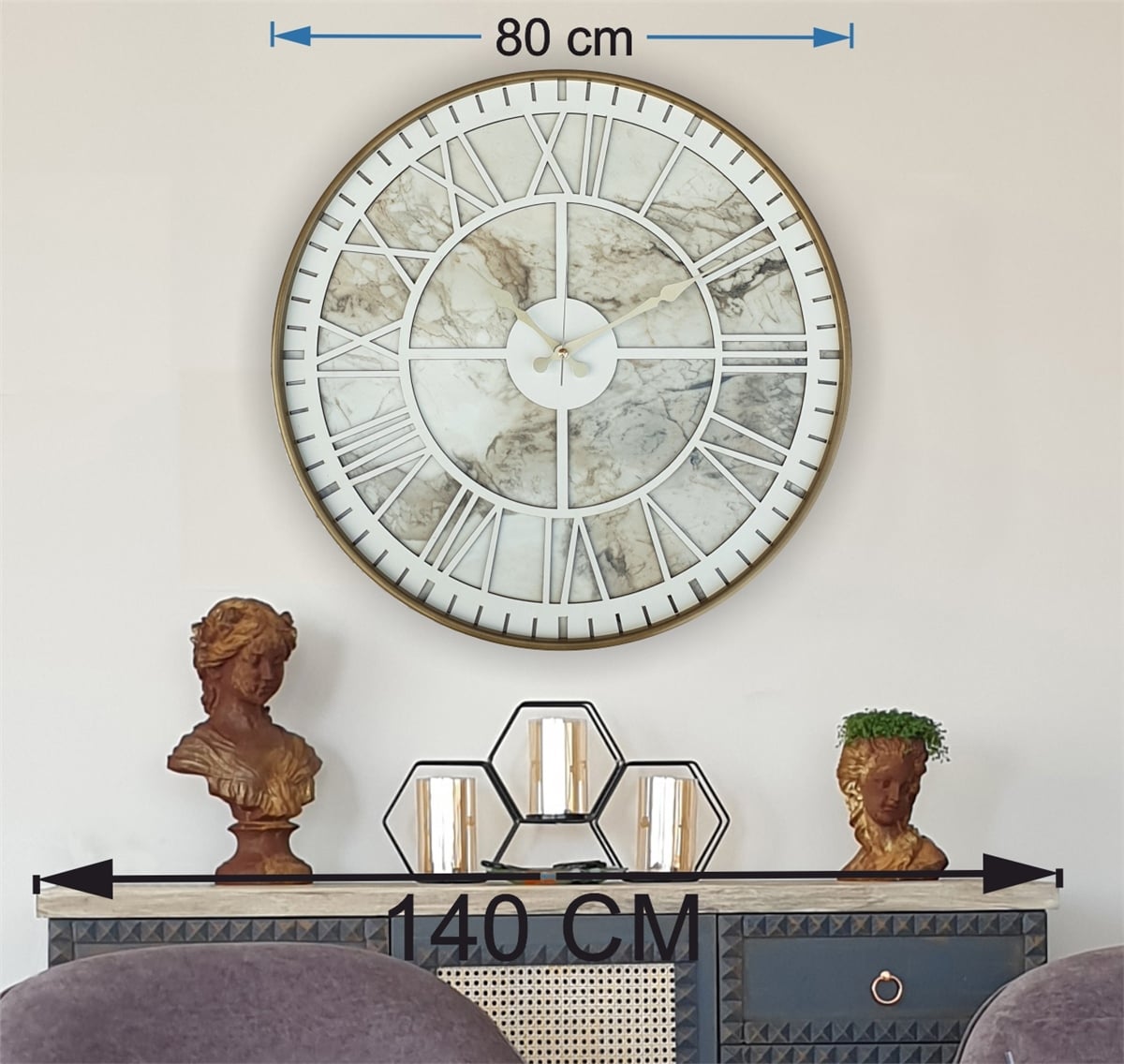 MarkakanvasAltın(Gold) Renkli  Metal Kasalı Mermer Desenli  Duvar Saati  ( Çap 50 cm -Çap 80 cm )