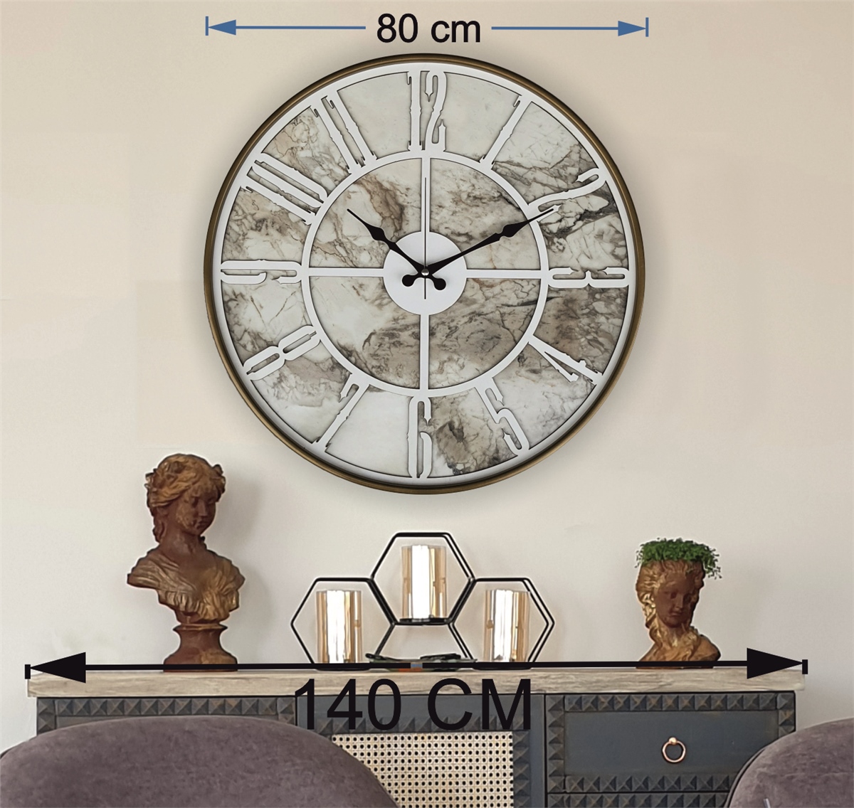 MarkakanvasAltın(Gold) Renkli  Metal Kasalı Mermer Desenli  Duvar Saati  ( Çap 50 cm -Çap 80 cm )