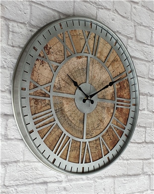 Markakanvas Gri Metal Kasalı Eski Dünya Haritalı Duvar Saati (Çap 50 cm - 80 cm )