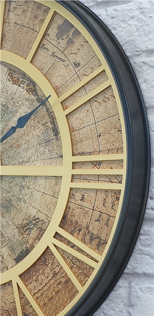 Markakanvas Siyah Metal Kasalı Eski Dünya Haritalı Duvar Saati  (Çap 50 cm - 80 cm )