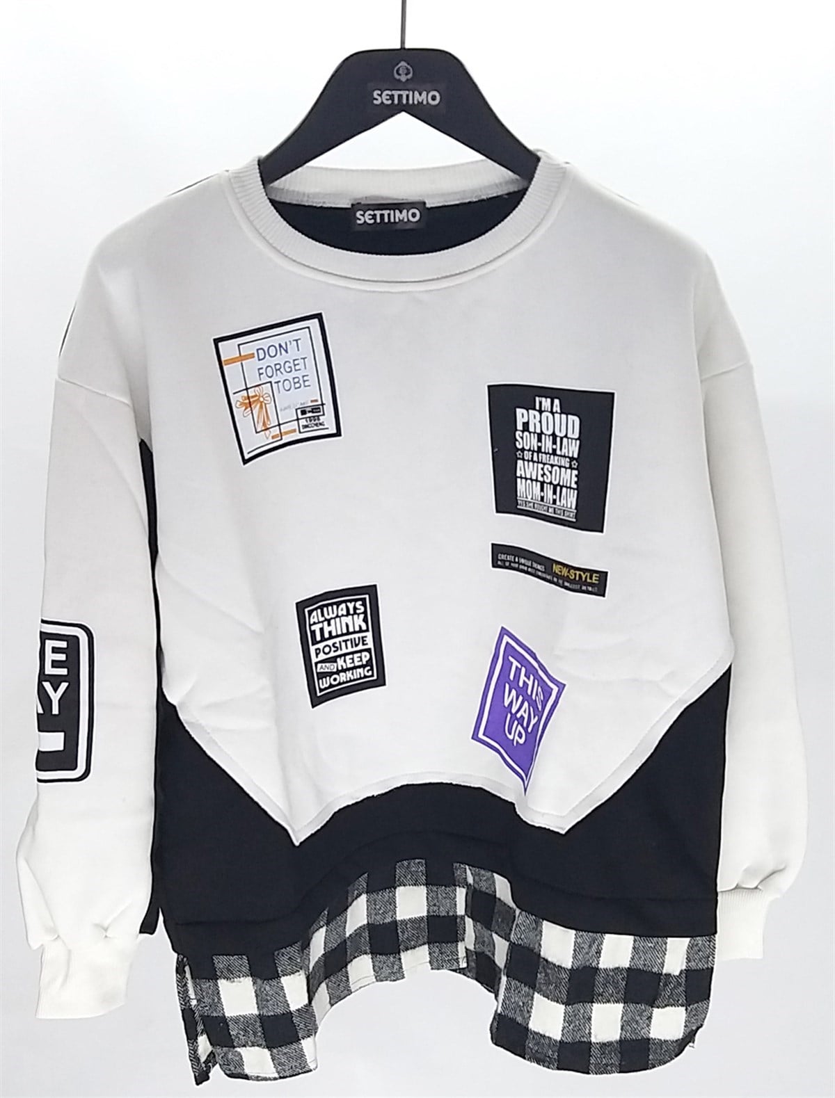 Settimo-lsk Beyaz Bisiklet Yaka Etiket Baskılı Ekose Sweatshirt OversizeSweatshirtSWT1.K.101-BYZ-SSETTİMO