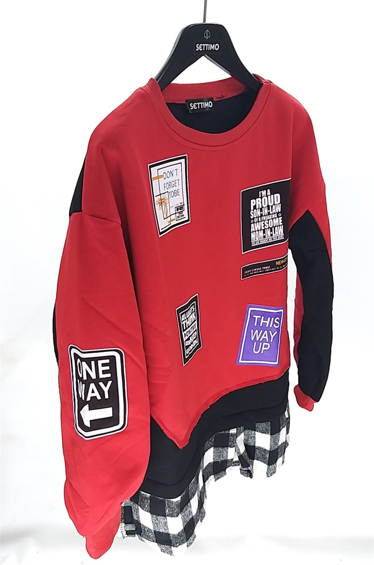 Settimo-lsk Kırmızı Bisiklet Yaka Etiket Baskılı Ekose Sweatshirt OversizeSweatshirtSWT1.K.101-KRM-SSETTİMO