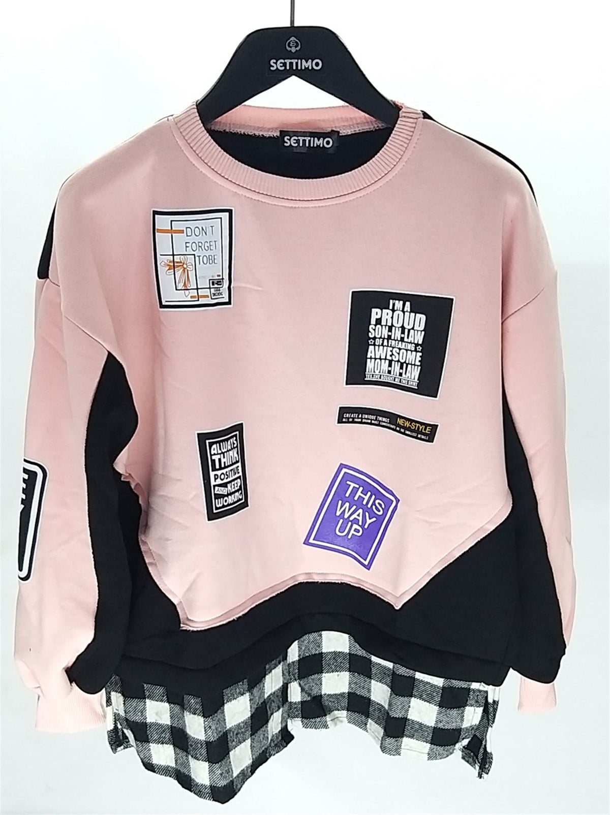 Settimo-lsk Pudra Bisiklet Yaka Etiket Baskılı Ekose Sweatshirt OversizeSweatshirtSWT1.K.101-PDR-SSETTİMO