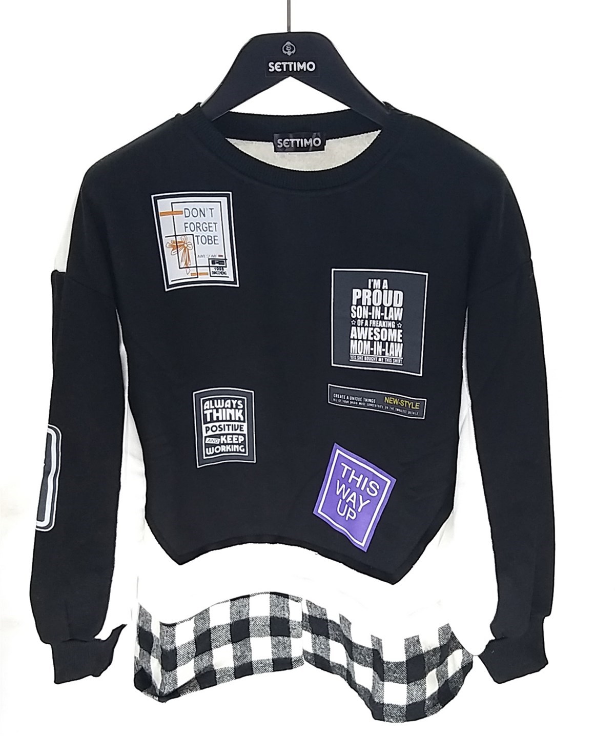 Settimo-lsk Siyah Bisiklet Yaka Etiket Baskılı Ekose Sweatshirt OversizeSweatshirtSWT1.K.101-SYH-SSETTİMO