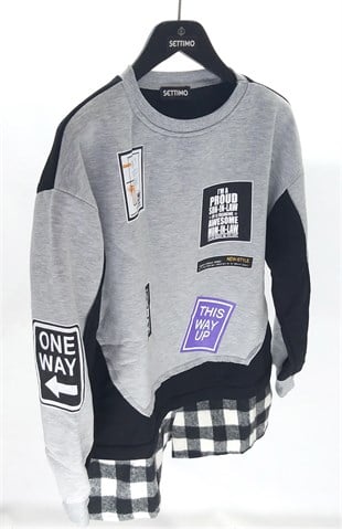 Settimo-lsk Gri Bisiklet Yaka Etiket Baskılı Ekose Sweatshirt OversizeSweatshirtSWT1.K.101-GRI-SSETTİMO