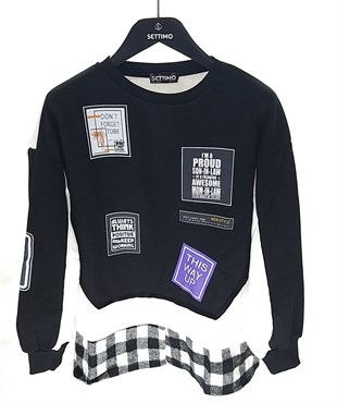 Settimo-lsk Siyah Bisiklet Yaka Etiket Baskılı Ekose Sweatshirt OversizeSweatshirtSWT1.K.101-SYH-SSETTİMO