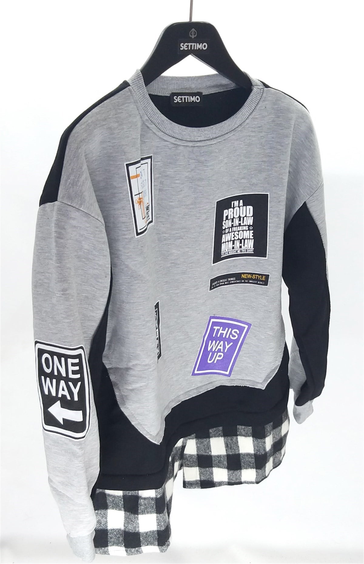 Settimo-lsk Gri Bisiklet Yaka Etiket Baskılı Ekose Sweatshirt OversizeSweatshirtSWT1.K.101-GRI-SSETTİMO