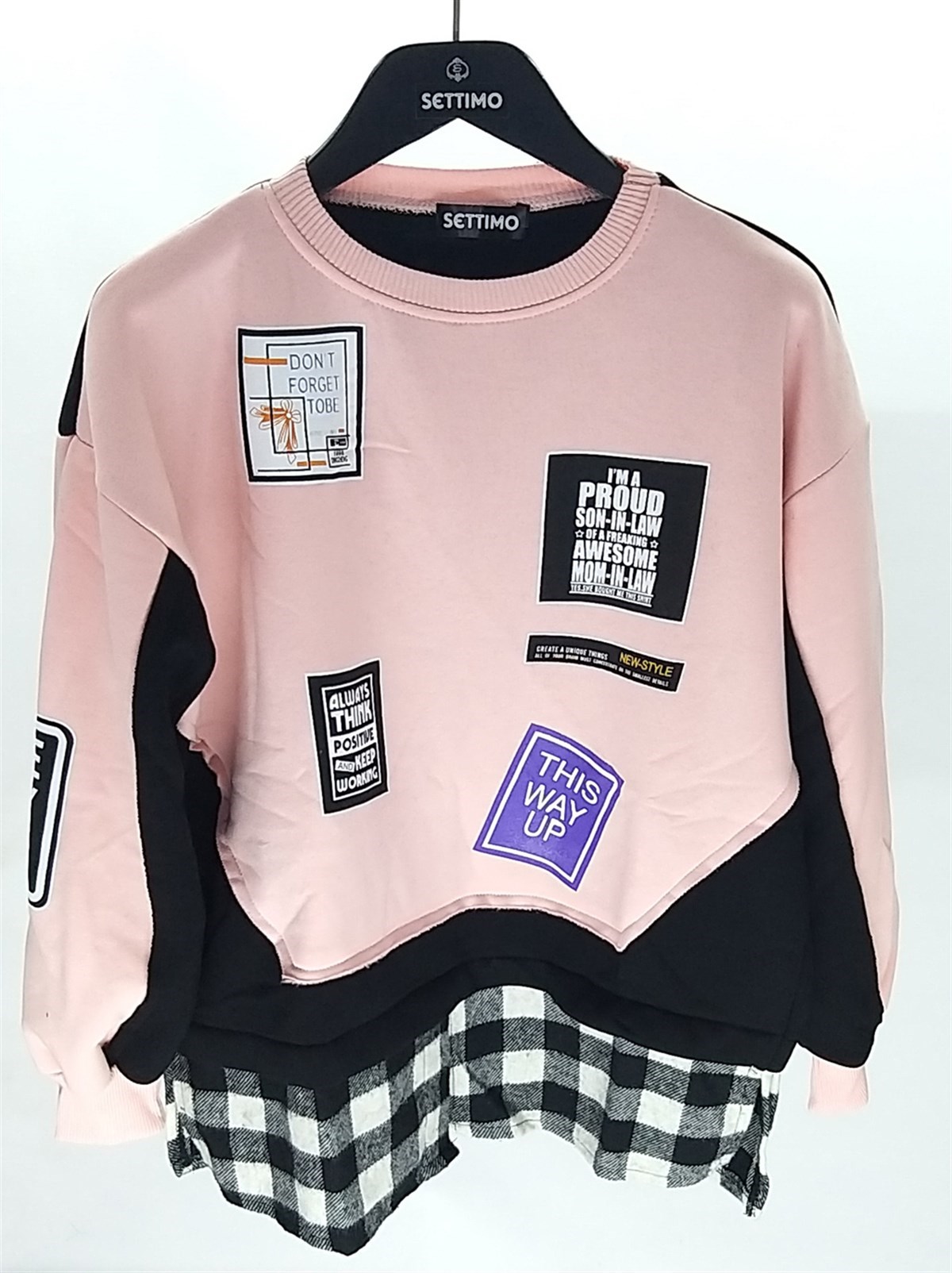 Settimo-lsk Pudra Bisiklet Yaka Etiket Baskılı Ekose Sweatshirt OversizeSweatshirtSWT1.K.101-PDR-SSETTİMO