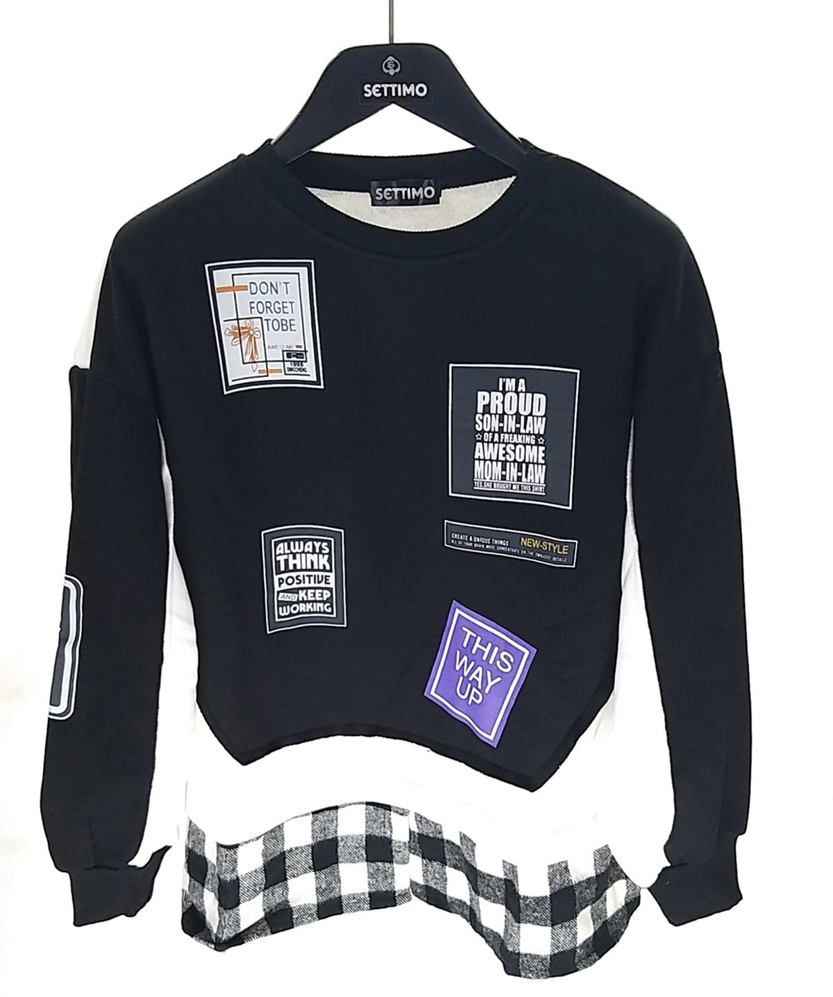 Settimo-lsk Siyah Bisiklet Yaka Etiket Baskılı Ekose Sweatshirt OversizeSweatshirtSWT1.K.101-SYH-SSETTİMO