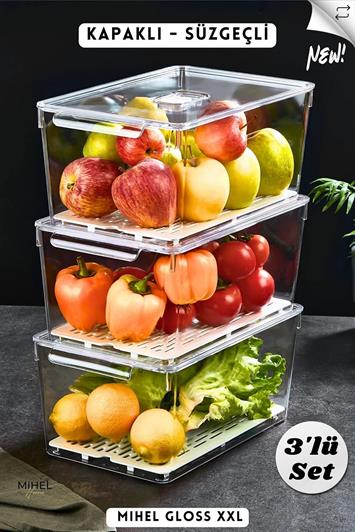Gloss Xxl 3'lü SÜZGEÇLİ Kapaklı Buzdolabı Düzenleyici,dolap Içi Düzenleyici,organizer,saklama KabıMİHEL