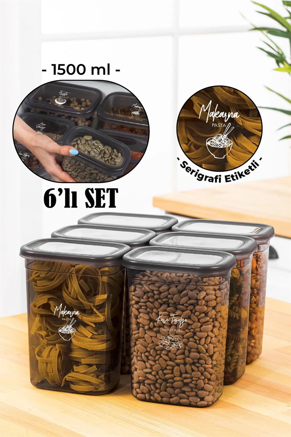 6'lı Mihel Pegi 1500ML Dikdörtgen Saklama Kabı Antrasit RenkMİHEL